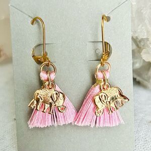 Yellow Gold Lucky Elephant Pink Tassel Dangle Earrings